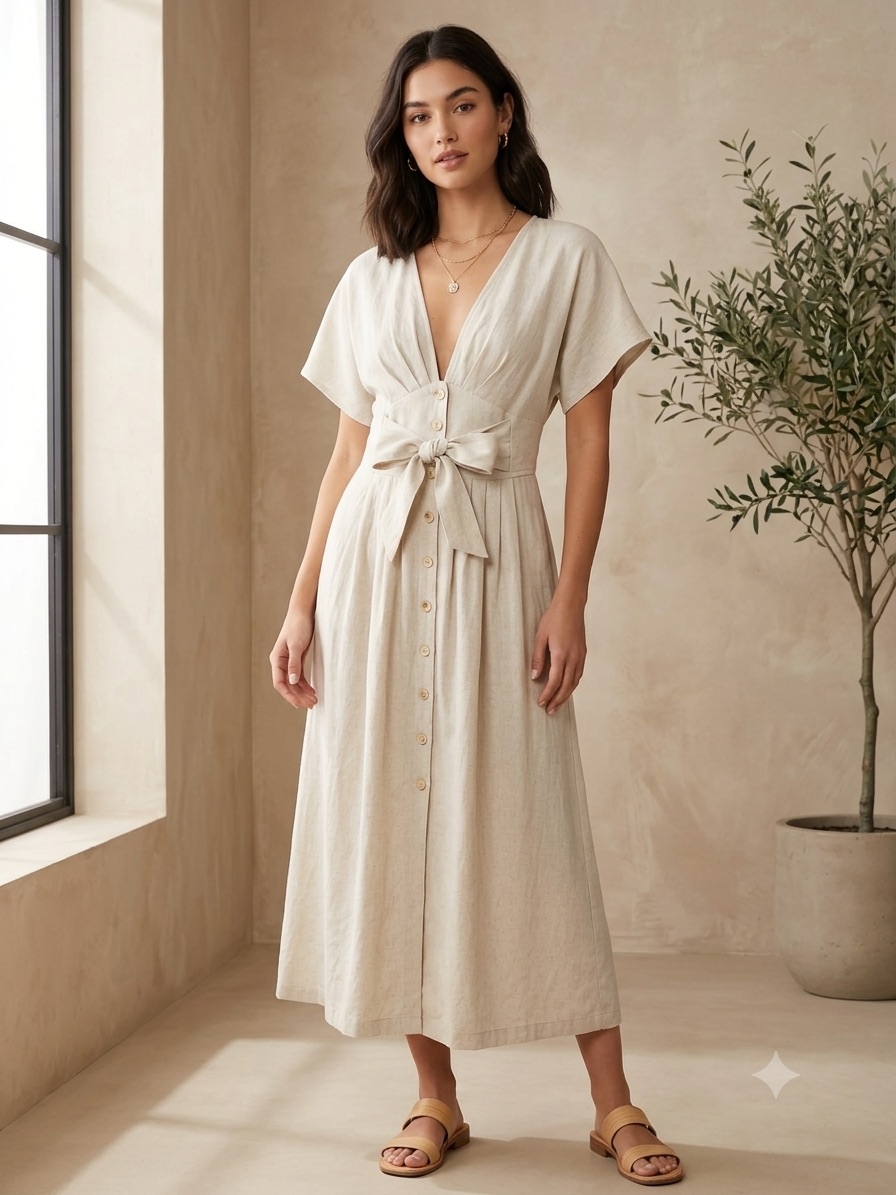 Linen Blend Midi Dress Lagenlook Prairie Cottagecore Resort , Small